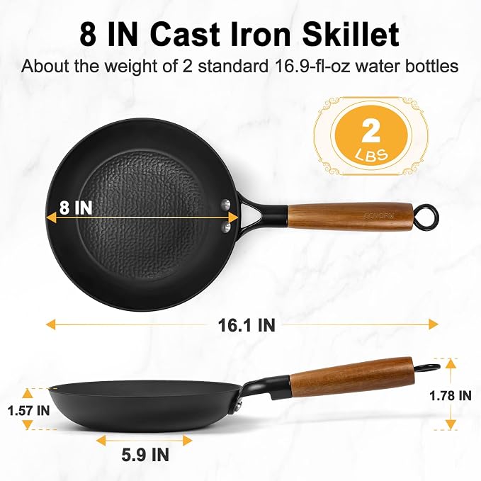 8" Lightweight Titanium Enameled Cast Iron Skillet, Hammered Nonstick Frying Pan with Removable Wood Handle for Eggs, Bacon, Pancakes, Burgers