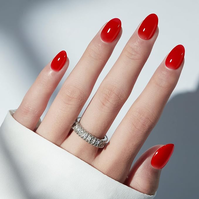 modelones Sheer Red Short Press on Nails, Oval Fake Nails Kit | Semi-Transparent Press Ons with Nail Glue, Adhesive Tabs, Nail File, Prep Pad, Manicure Stick, 32Pcs 16 Sizes, Women Gift