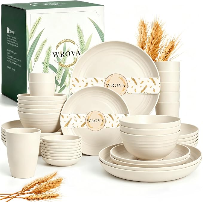Unbreakable Plates Bowls and Cups Set, Wheat Straw Dinnerware Sets | 40PCS Dish Set, Bowls/Cups/Sauce Dishes/Deep Plate Sets for 8, Dishwasher Safe Daily Living Dinnerware for Dinner,Patio,Beige