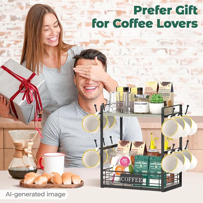 EsLuker.ly Coffee Mug Cup Holder Tree Bar Station Organizer, 2 Tier Light Grey