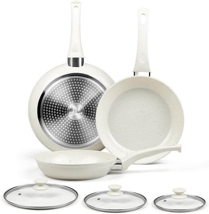 Innerwell Nonstick Ceramic Frying Pans Skillets Set with Lid 8"+9.5"+11" | No Toxic Egg Omelette Frying Pan Set, All Stove Compatible, Healthy Granite Induction Cooking Pan, PFOA & PFAS Free