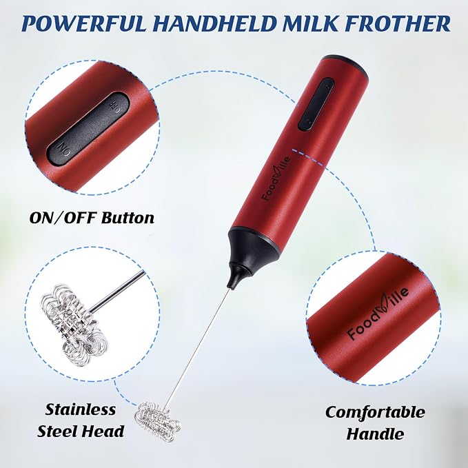 MF05 Rechargeable Milk Frother USB Charging Handheld Foam Maker with Stainless Balloon Whisk for Cappuccino, Latte, Bulletproof Coffee, Keto Diet, Protein Powder, Matcha (Red)