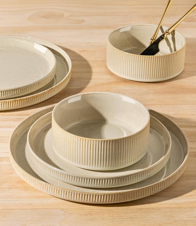 Ceramic Dinnerware Set for 4, 12-Piece Plates and Bowls Set | Lightweight Porcelain Dish Set, Scratch Resistant, Oven & Microwave & Dishwasher Safe, Cappuccino