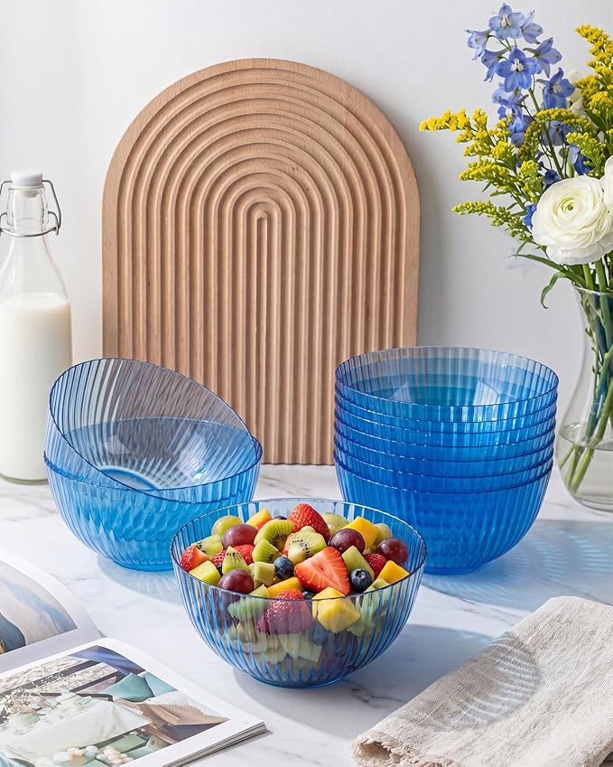 bUCLA 12 PCS Plastic Cereal Bowls Set - 28 Oz Clear Blue Disposable Vertical Stripes Serving Bowls for Snack, Salad, Dessert & Fruit