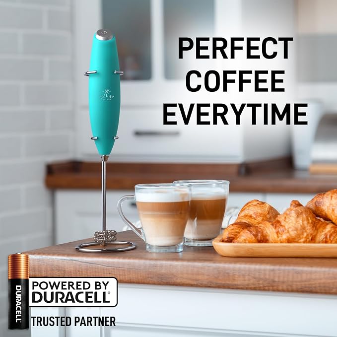 Zulay Kitchen Powerful Milk Frother Wand With Duracell Batteries - Ultra Fast Handheld Drink Mixer - Electric Whisk Foam Maker for Coffee, Lattes, Cappuccino & Matcha - Double Whisk - Caribbean Aqua