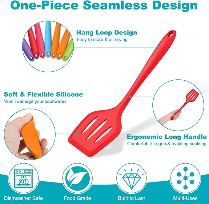 TeamFar Silicone Cooking Utensil Set of 7, Kitchen Cooking Utensil Set | Multi-Color Kitchen Tools Turner Spoon Spatula Ladle for Nonstick Cookware, Healthy & Heat Resistant & Dishwasher Safe