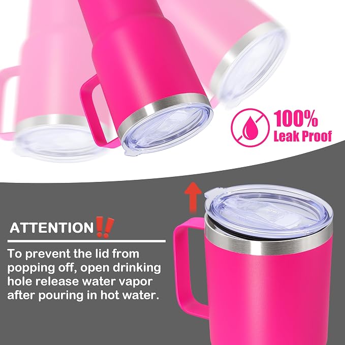 20 oz Tumbler with Handle Coffee Tumblers with Lid Travel Mug Hot Pink 12P | 20oz Tumblers with Handle Double-Wall Insulated Vacuum Coffee Mugs Stainless Steel Tumbler with Handles&Lid Hot Pink 12P