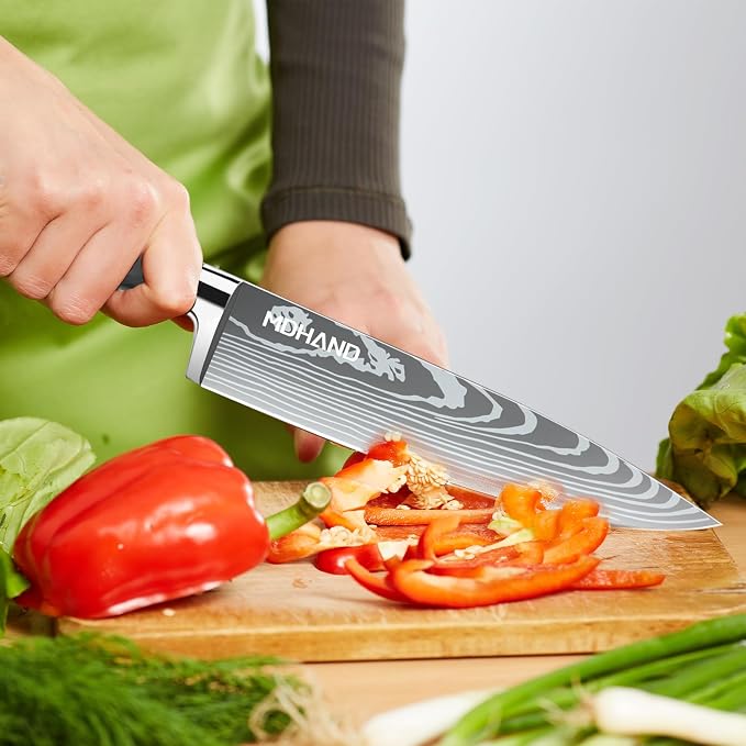Chef Knife Set with Roll Bag, Professional Knife Set with Sharpener | High Carbon Stainless Steel 9PCS Kitchen Knife Set, Forged Triple Rivet Handle, Kitchen & Home Cooking, Dishwasher Safe Black
