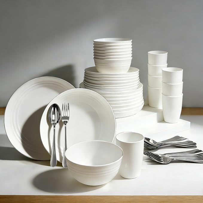 48 Piece Plates and Bowls Sets for 8- Unbreakable Wheat Straw Dinnerware Sets Includes Stainless Steel Forks for Picnic Camping Outdoor Kitchen and Apartment Dinning RV Essentials-White