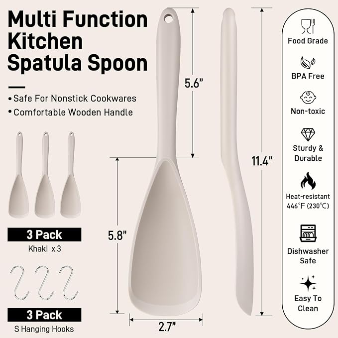 3 PACK Silicone Cooking Spatula & Spoon for Nonstick Cookware | Multifunction Spoonula for Baking, Cooking, Serving, Mixing, Stirring, Scoop, Scrape - One-Piece Formed, Dishwasher Safe