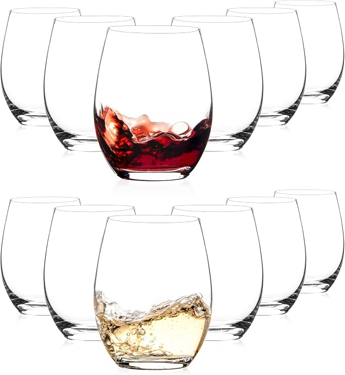 SHYRC Stemless Wine Glasses, 15 oz Stemless Glasses Set of 12 for Red or White Wine, Stemless Glassware, No Stem Wine Glasses, Drinking Glasses, Clear