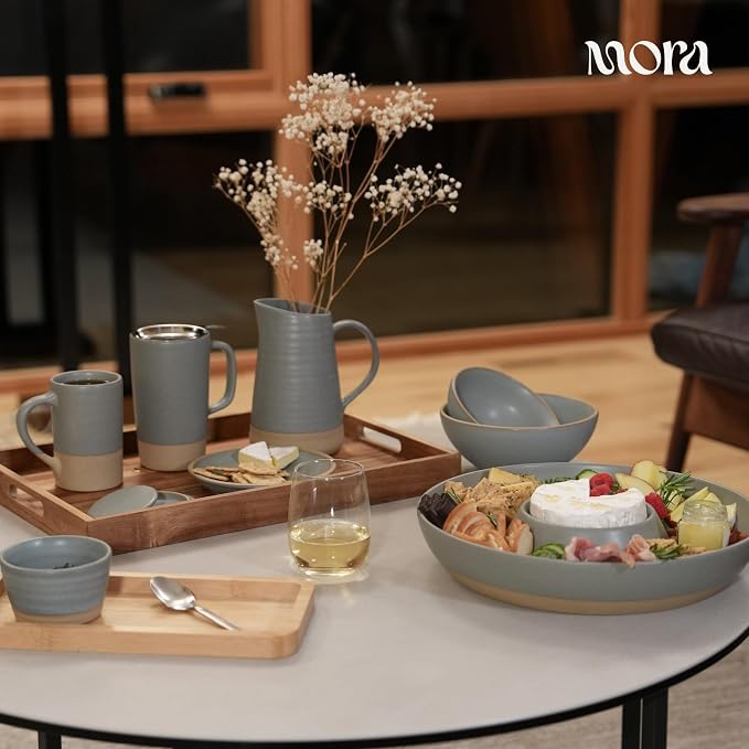 Mora Ceramic Chips and Dip Serving Tray: Large Divided Party Bowl Set for Chips & Salsa, Veggies & Dip, Fruit, Snacks, Entertaining, Hosting, etc. Minimalist Design for the Modern Hostess - Peppercorn
