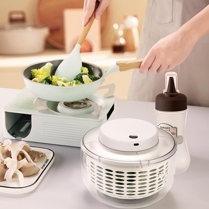 Electric Salad Spinner, 6L Vegetable Washer Dryer with 350ml Squeeze Bottle | Large Capacity Automatic Vegetable Washer Drainer Strainer for Fruit Drying, USB Lettuce Spinner Cleaner for Home Kitchen