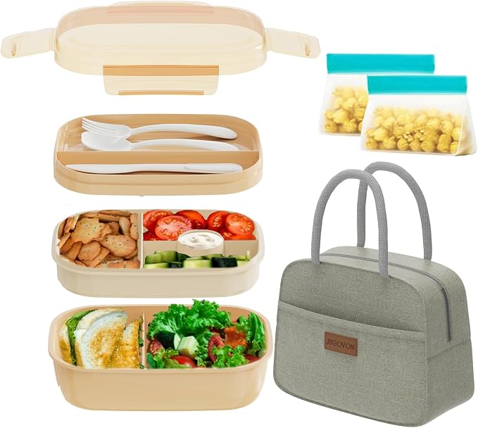 JBGOYON Leakproof Bento Box & Insulated Lunch Bag Set, 4-Piece, Khaki | 6-hour thermal retention, includes nested knife fork spoon, 2 reusable snack pouches, designed for adults and kids