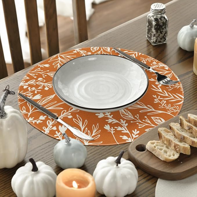 Artoid Mode Eucalyptus Leaves Round Fall Placemats Set of 8-14 Inch | Heat-Resistant, Washable Table Mats, Seasonal Autumn Kitchen Dining Decor