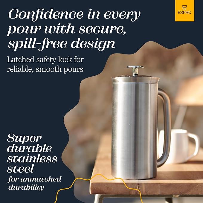 ESPRO P7 French Press, 32oz, Brushed, Stainless Steel Coffee Maker | Double Filter Coffee Press, Grit-Free Coffee, Heat Resistant Insulated tea Press, Easy Hot and Cold Coffee Brewer, Tea Brewer