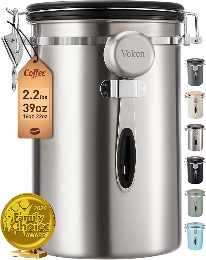 Veken Coffee Canister,39OZ, 2.2lbs,Large Airtight Stainless Steel Container | Kitchen Food Storage Jars for Beans,Ground, Espresso, Rice,Tea, Sugar, Cereal, Cookie,Gifts, Lids, Scoop, Silver