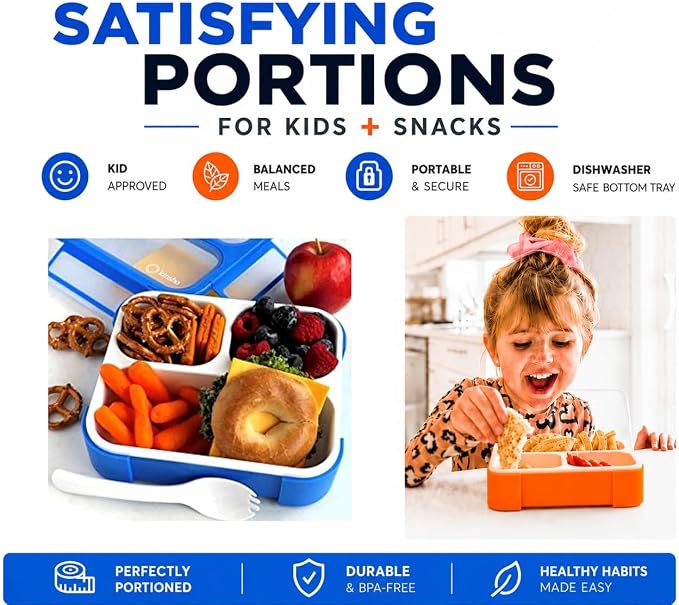 kinsho Bento Boxes for Kids, Lunch Box Set For Boys Girls Toddlers, Leak Proof 3 Compartment Meal or Snack Containers Perfect for School Travel Work, BPA Free. Blue Orange 2 Pack Medium - Small