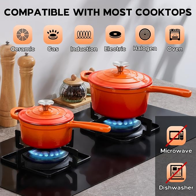 Onader Saucepan Set with Lid, 1QT & 2QT Small Enameled Cast Iron Pot Sets for Cooking, Nonstick Sauce Pan Dutch Oven, Induction Compatible, Heavy Duty – Sunset Orange