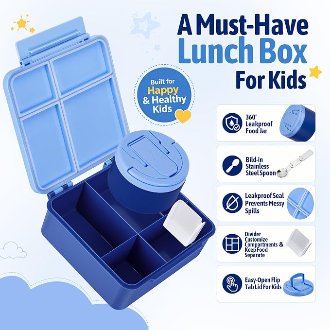 Bento Lunch Box Set for Kids with 8 oz Soup Thermo, Leakproof Hot Food Container with 4 Compartments, Insulated Food Jar for Toddler Daycare Boys Girls School - Blue