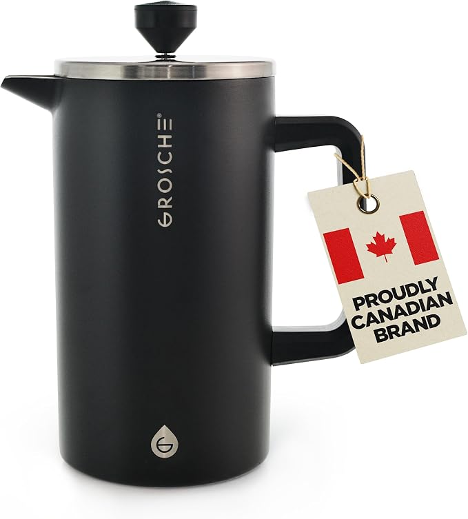 GROSCHE Dublin Double Wall Stainless French Press, Black, 8 Cup, 34 oz | Fine-Mesh Filter Reduces Grit, Insulated Body Retains Heat, Dishwasher-Safe Parts Simplify Cleanup for Daily Hot or Cold Brew