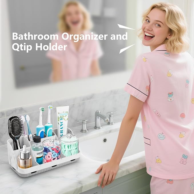 GFWARE Marble Bathroom Toothbrush Holder Set with 2 Qtip Holder Dispenser | Detachable 7 Slots Bathroom Accessory Set, Kids Bathroom Sink Counter Set, Bathroom Essentials Decor, Anti-Slip, Marble-Look