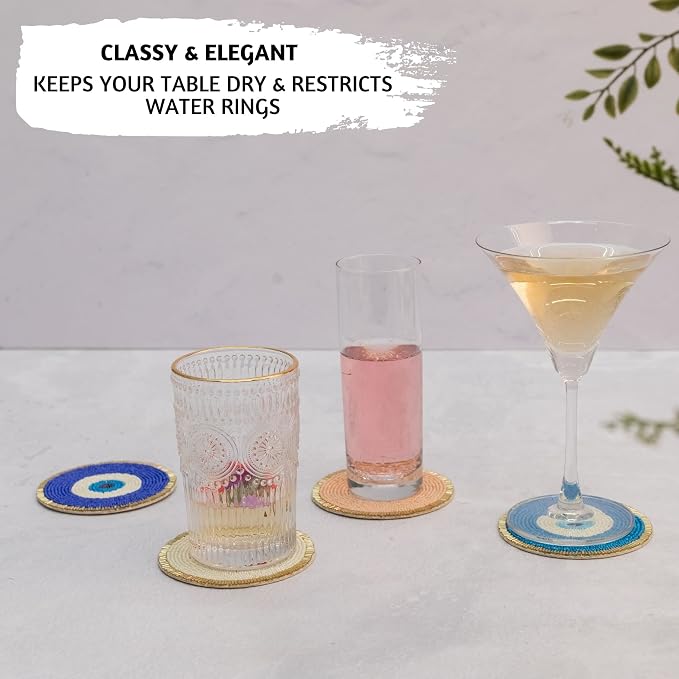 Folkulture Cute Coasters Set of 4 for Drink, Boho Table Decor & Party Décor | Evil Eye Beaded Handmade Round Drink Coasters for Coffee Table & Bar, Hand-Crafted Cute Coasters Housewarming Gifts