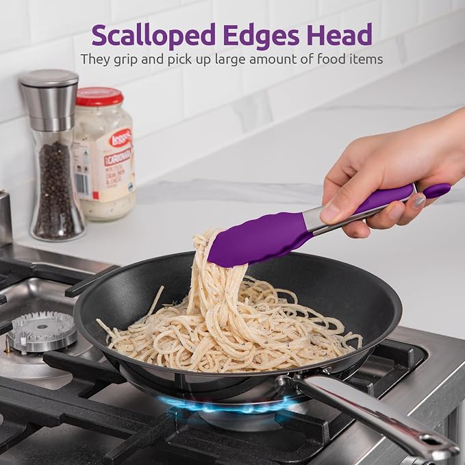 U-Taste Kitchen Tong for Cooking, 600ºF Heat-Resistant Tps, 7in/Purple | Small Mini Silicon Tongs for Serving Food, Short Salad Thong with Non Stick Rubber Tips & 18/8 Stainless Steel Handle