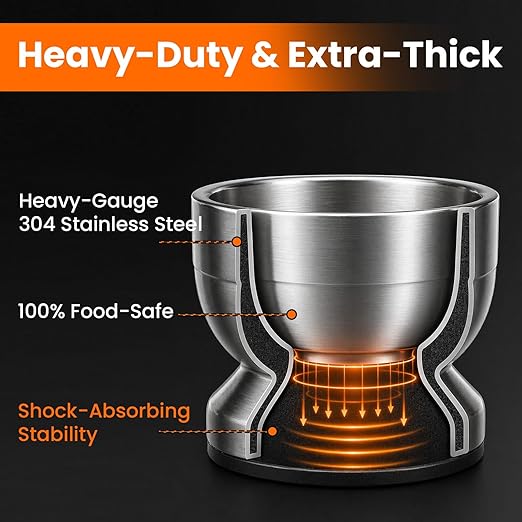 304 Stainless Steel Mortar and Pestle Set with Anti-Slip Silicone Pad | Keeps the bowl steady, Weighty pestle crushes spices, herbs and pills with less effort, Included Cleaning Brush and Lid