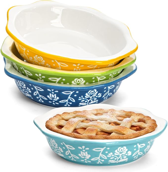 Bekith 4 Pack Ceramic Mini Pie Pans, 6 Inches Fluted Dish Pie Plate, Nonstick Small Quiche Baking Dish Mini Tart Pan, Microwave & Oven Safe