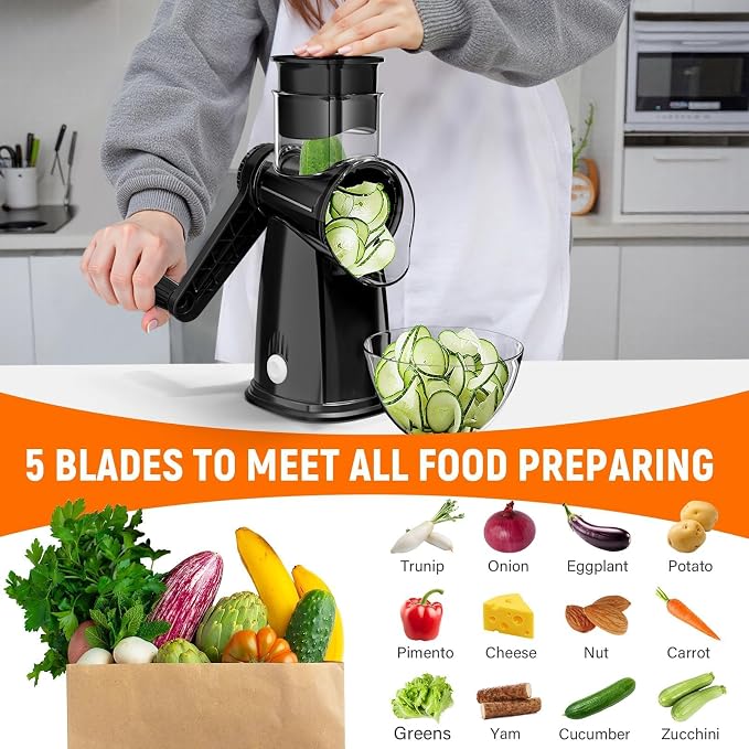 Rotary Cheese Grater Hand Crank, 5-in-1 Vegetable Chopper Spiralizer Slicer | Shredder with 5 Interchangeable Blades for Vegetable, Cheese, Fruit, with Blades Storage Box & Stable Suction Base (Black)