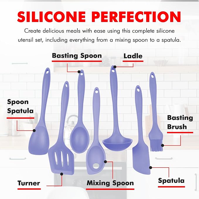 Chef Craft - Premium Silicone Kitchen Tools and Utensils Set, Non-Scratch, Withstands Temperatures up to 450°F, BPA-Free, 7 Piece Cooking Utensils Set, Pastel Blue