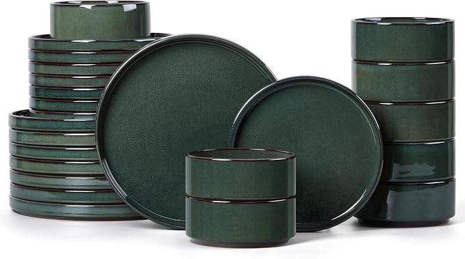 LIANYU Dinnerware Dishes Sets for 8, 24 Piece Plates and Bowls Dishware | Stoneware Modern Tableware Includes Ceramic Dinner Salad Plates, Cereal Bowls, Chip & Scratch Resistant, Hunter Green