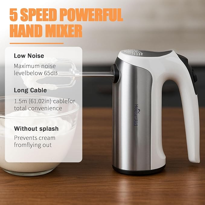 200W Hand Mixer, Lightweight Electric Mixer with Turbo Function, 5-Speed Handheld Mixer for Whipping, Folding, and Dough Kneading, Compact Storage with Attachments (white)