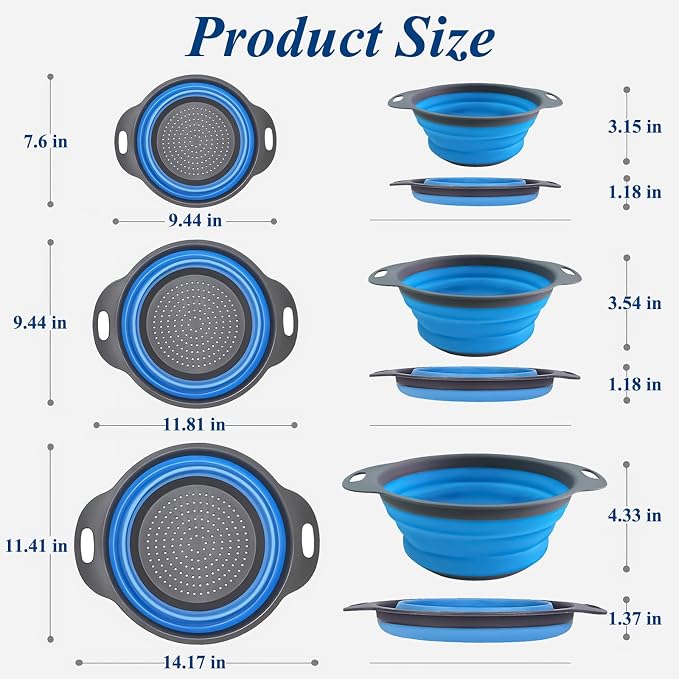 Collapsible Colander Set of 3, Space-Saving Foldable Strainer for Kitchen | 3 Sizes Food Strainer for Draining Pasta, Vegetable and Fruit, Kitchen Gadgets for Home Use and Outdoor Camping (Blue)