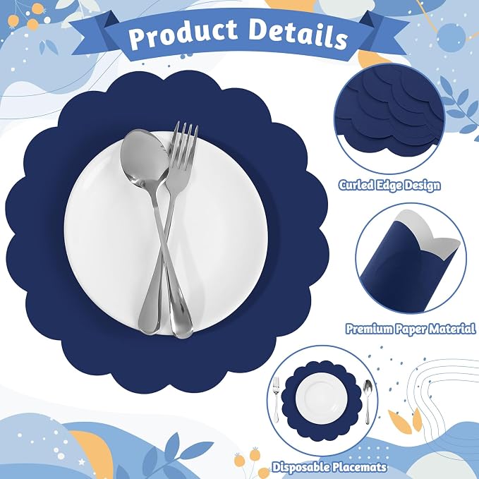 60 Pcs Navy Blue Paper Placemats, 13.5 Inch Disposable Scalloped Place Mat | Round Table Place Mats Decorative Paper for Fathers Day Birthday Wedding Banquet Holiday