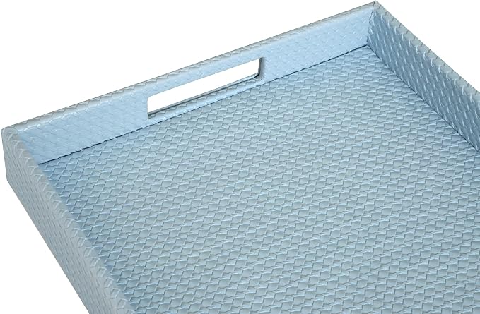 HofferRuffer Rectangle Serving Tray with Hole Handles for Coffee Table, Breakfast, Tea, Food, Butler - Countertop, Kitchen, Vanity Serve Tray, 16.2 x 12.2 x 2 inches, Faux Leather (LightBlue)