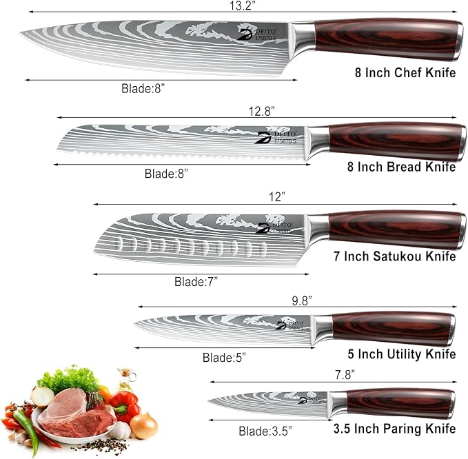 Kitchen Knife Set 5 Pieces, Professional Chef Knives Set Gift Box | High Carbon Stainless Steel Chef Knife Set with Ergonomic Pakkawood Handle, Sharp Cooking Knives for Kitchen & Home Cooking