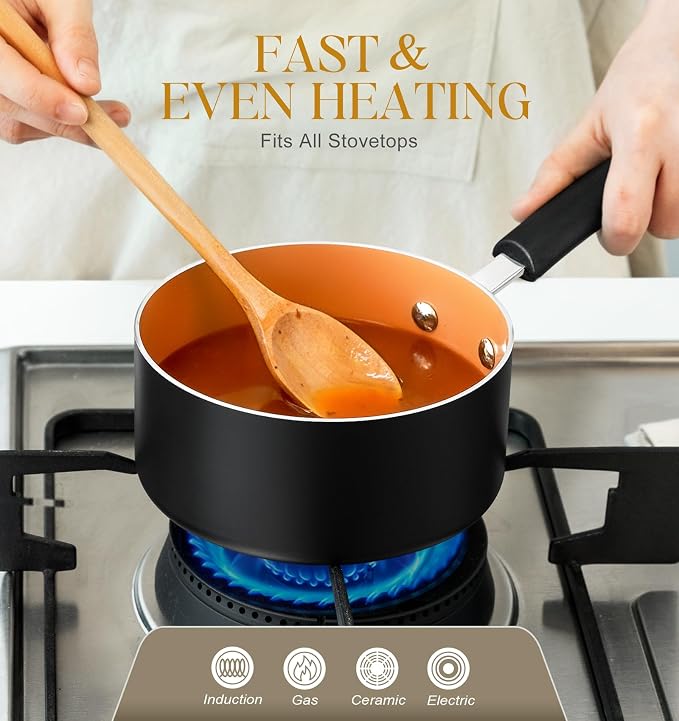 MICHELANGELO Ceramic Saucepan Set 1.5QT & 2QT & 3QT Nonstick Sauce Pans, PFAS-FREE Saucepan with Lid, Copper Saucepans Set of 3, Multipurpose Small Sauce Pot, Non Stick Sauce Pots, Dishwasher Safe