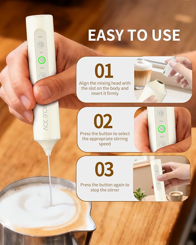 CIRCLE JOY Rechargeable Handheld Milk Frother Wand with Stand, 3 Variable Speeds, 3 Whisks and Storage Box, Electric Drink Mixer for Latte, Cappuccino, Hot Chocolate, Eggs and Protein Powder, Beige