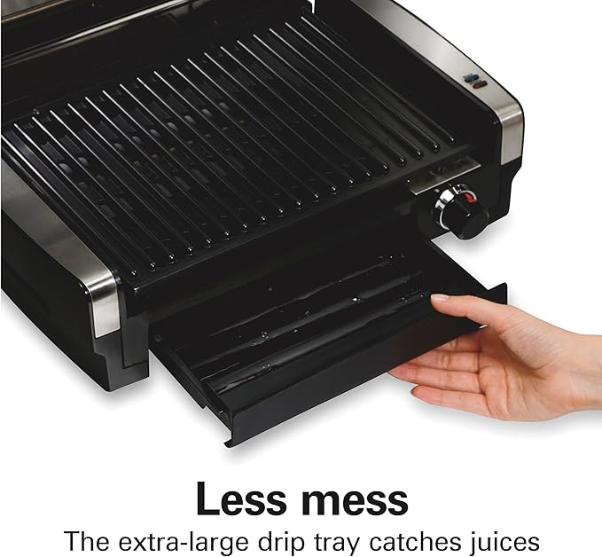 Hamilton Beach Electric Indoor Searing Grill with Adjustable Temperature Control to 450F, 118 sq. in. Surface Serves 6, PFAS-Free Removable Nonstick Grate, Stainless Steel (25360) | Adjustable Temperature Control To 450°F | 118 sq. in. PFAS-Free Remova...