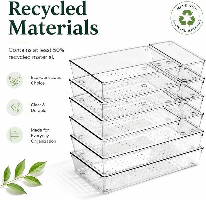 10 Pack Large Drawer Organizer Bins - Clear Plastic Bathroom Drawer Organizer Trays - Heavy Duty Kitchen Drawer Dividers for Utensils - Non-Slip Storage Bins for Makeup, Bedroom, Office Desk