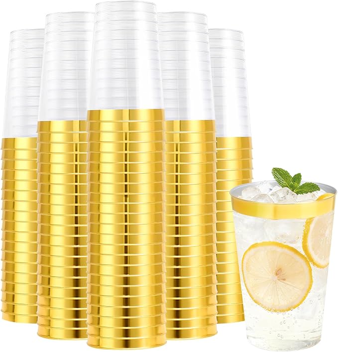 BYSNOW 100 Pack 12 oz Gold Plastic Cups, Disposable Clear Plastic Cups for Cocktail Party With Heat Resistance (12oz 100count Gold) | Disposable Heavy Duty Clear Cups, Hard Punch Plastic Wine Cocktail Glasses Cups for Party, Wedding, Home, Soda, Juice