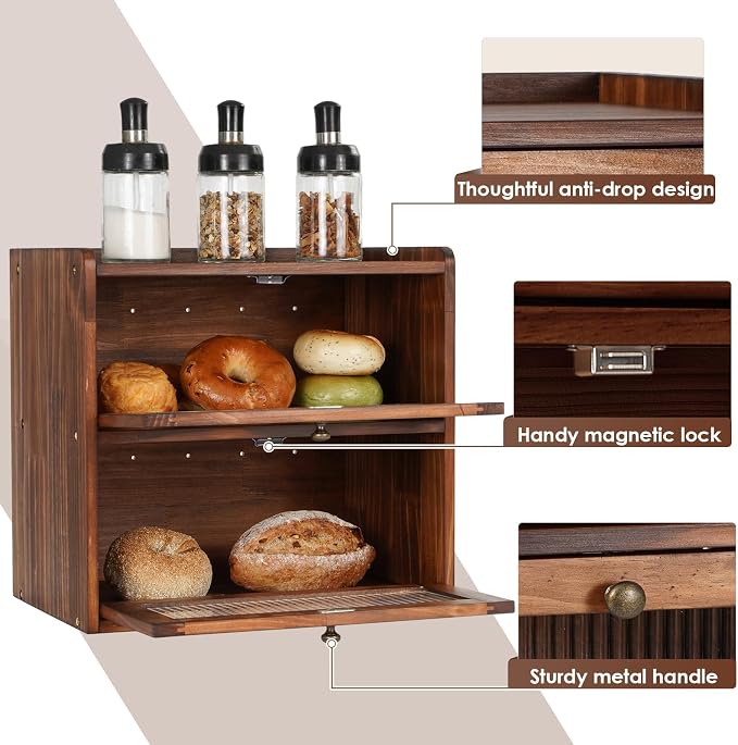 Sunhoo Bread Box for Kitchen Countertop Wooden Bread Storage Container Bin 2 Layer Breadbox Holder Large Capacity Keeper Vintage Farmhouse Food Organizer Pantry Shelf Acrylic Window（Black）
