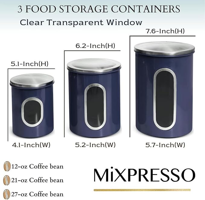 Mixpresso 3-Pcs Blue Canisters Set for Kitchen Storage Airtight Jars | See-through window, coffee container, tea organizer, sugar canister, 3 nesting sizes, counter decor, easy press-on lids