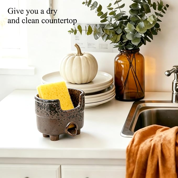 Kitchen Sponge Holder with Drainage, Ceramic Vintage Sink Caddy Organizer | Self draining sink caddy. Holds Scrubbers, sponge, soap. Rustic farmhouse kitchen countertop decor. Handmade reactive glaze