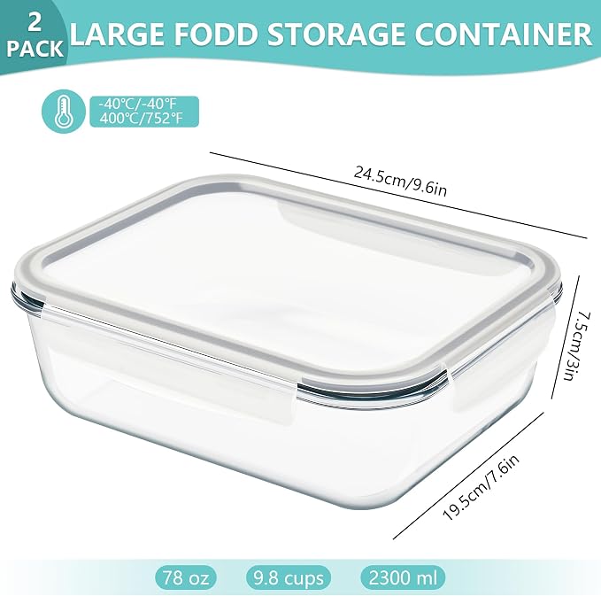 2 Pack 78 Oz / 9.8 Cups Large Glass Food Storage Containers with Lids, Meal Prep Containers for Baking, Serving, Glass Storage Container, BPA Free, Leakproof, Freezer, Microwave/Oven Safe