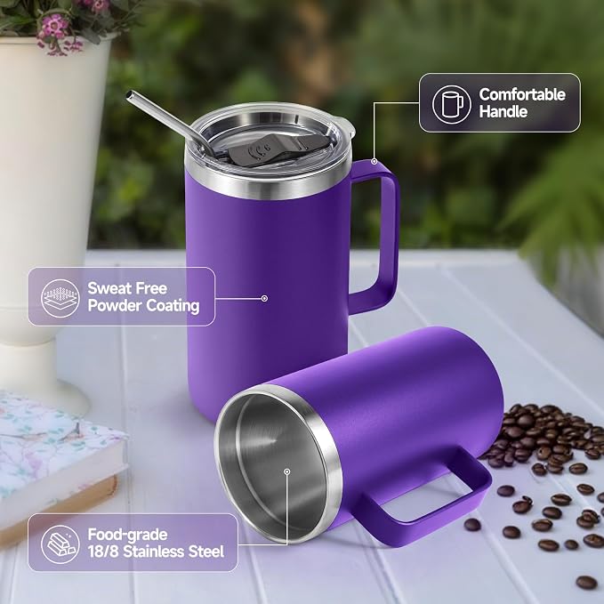 Volhoply 22oz Insulated Stainless Steel Coffee Mug with Leakproof Lid,Double Wall Vacuum Travel Coffee Cup with Handle,Reusable Metal Tumbler,Camping Mugs Keep Hot&Cold(Purple,1)
