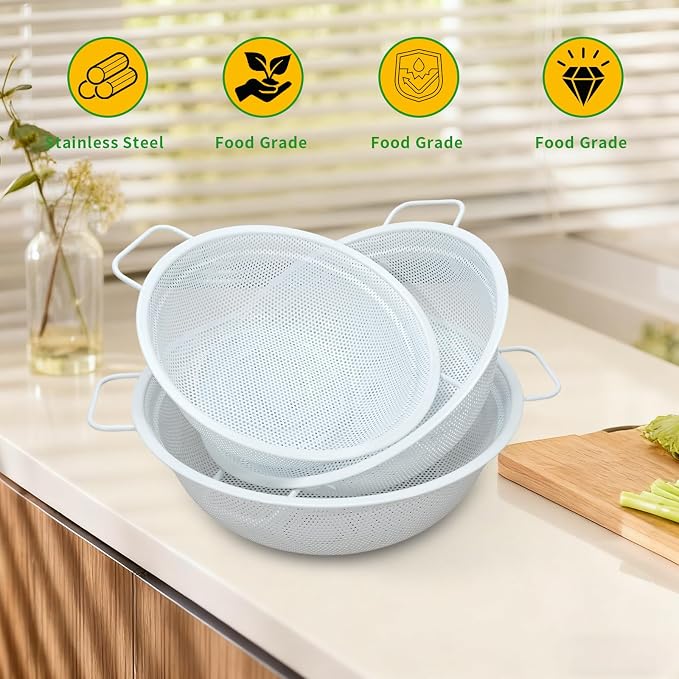 White Stainless Steel Colander Set of 3, Micro-Perforated Metal Kitchen Strainer Set with Handles & Feet for Draining Pasta, Rice, Vegetables - Heavy Duty Decorative Colanders (2, 3, 5 Quart)