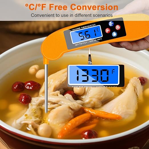 Digital Talking Thermometer for The Blind, Orange Waterproof Instant Read Food Thermometer with Talking Function and Backlight, Meat Thermometer with Probe for Cooking and Grilling, and More